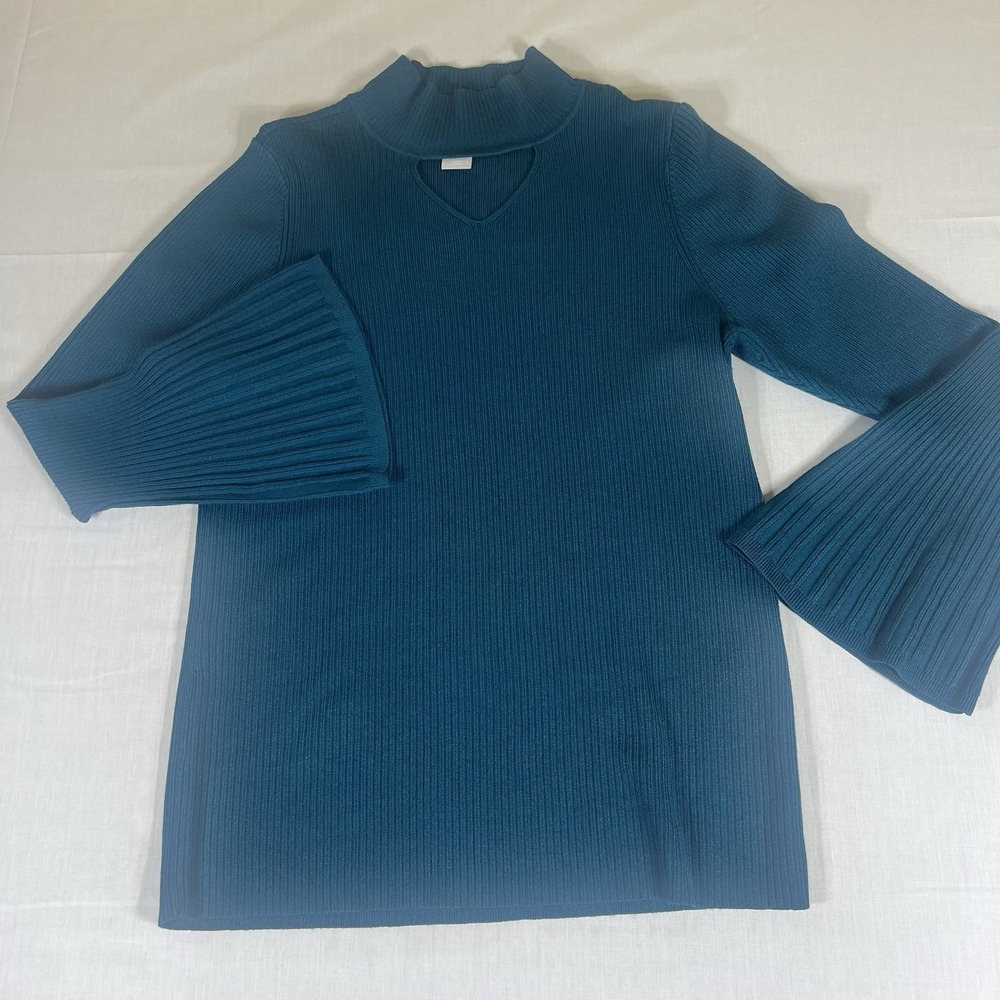 Chico's Travelers Ribbed Knit Mock Neck Bell Sleeve Sweater Women Size 1 Blue